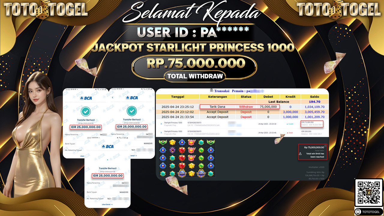 Bukti Pembayaran Jackpot  Permainan Slot Starlight Princess 1000 ID:PA***** LUNAS