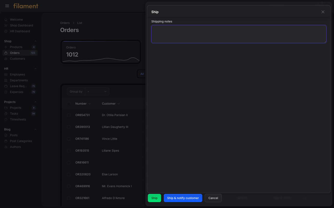 Stature Theme Shop order shipping slide-over in dark mode