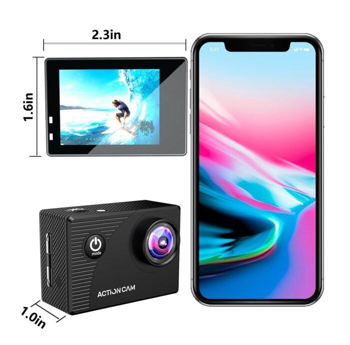 Cámara deportiva 12MP HD 1080p WIFI con su carcasa impermeable.