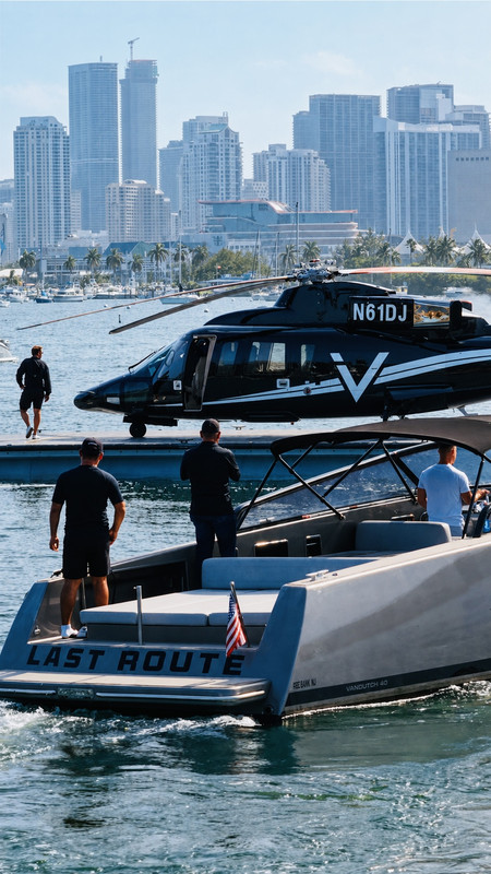 Miami marine helicopter landing platform with aircraft on water