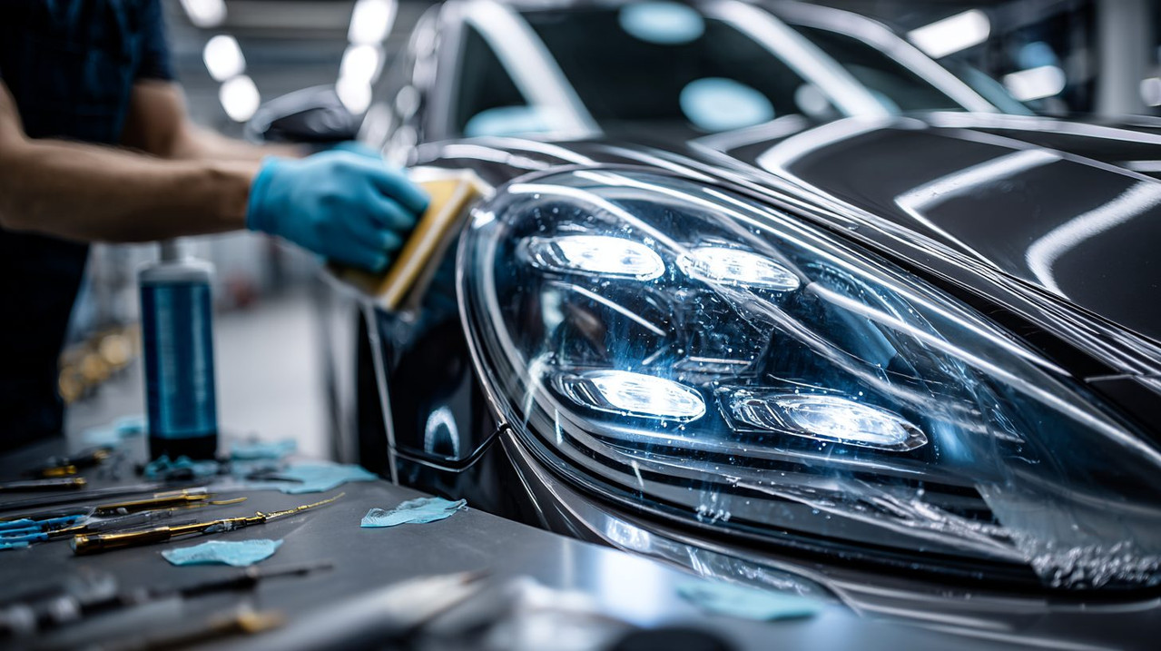Процесс нанесения бронепленки на автомобильную фару