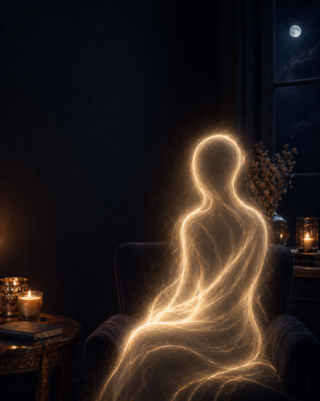 Silueta energética mirando por una ventana de noche