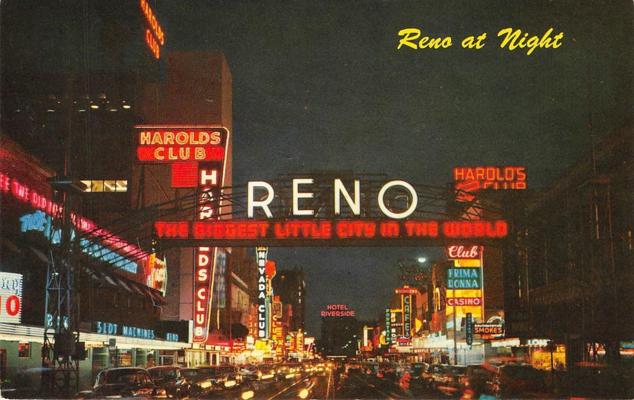 A postcard from the late 1950s showing Reno at night