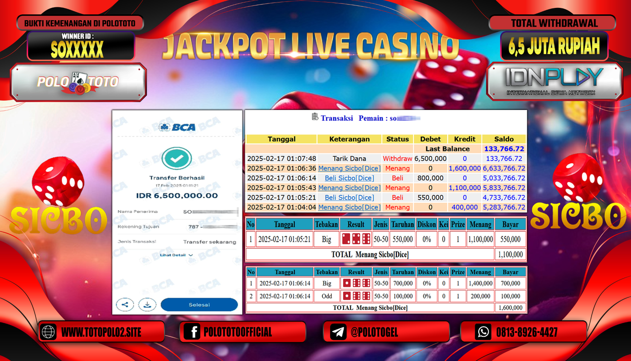 POLOTOTO JACKPOT LIVE CASINO SICBO Rp.6.500.000,-