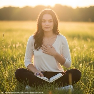A person sitting peacefully with a journal open, surrounded by soft morning light and nature, reflecting in prayer before writing.