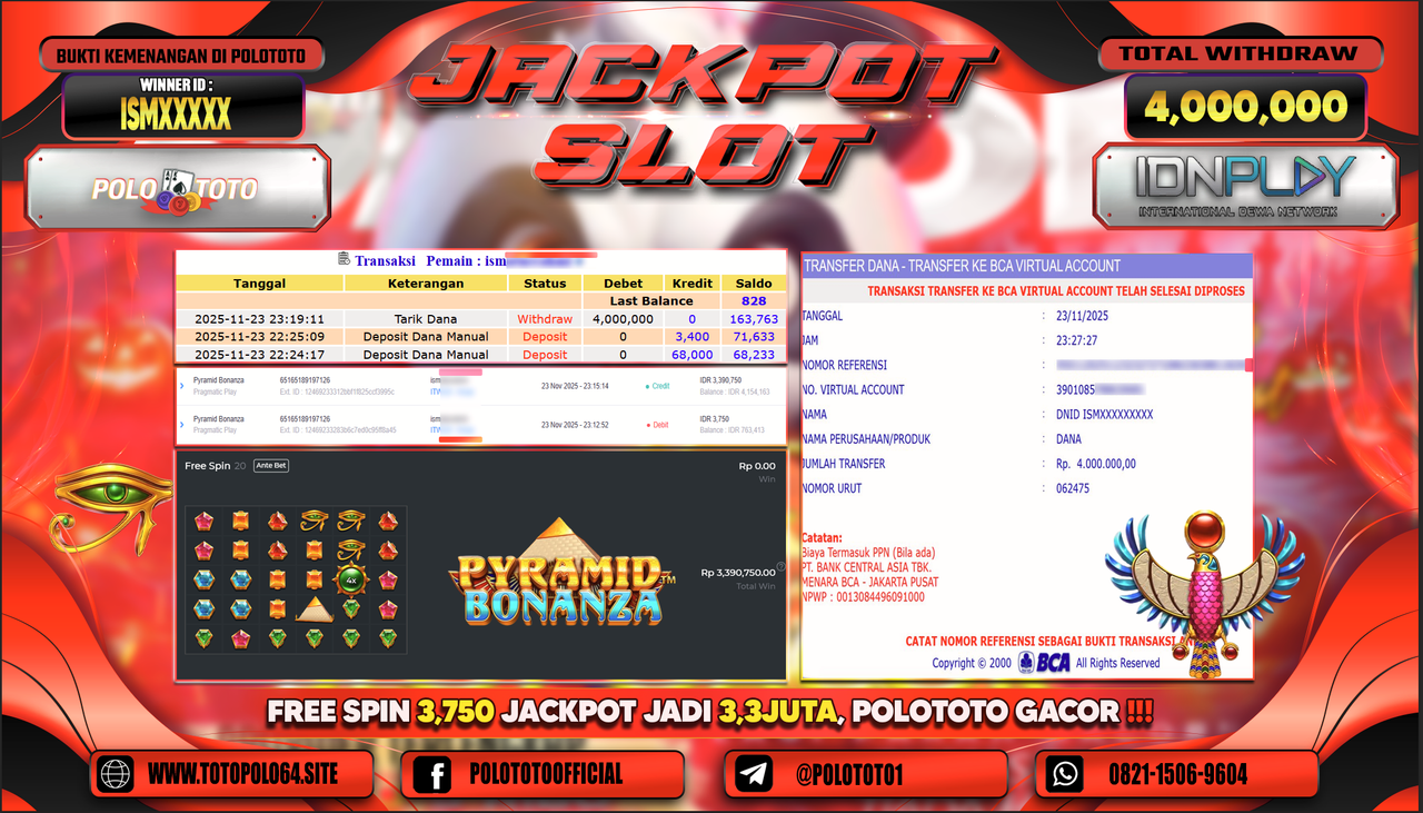 POLOTOTO JACKPOT SLOT PYRAMID BONANZA Rp.4.000.000,- LUNAS
