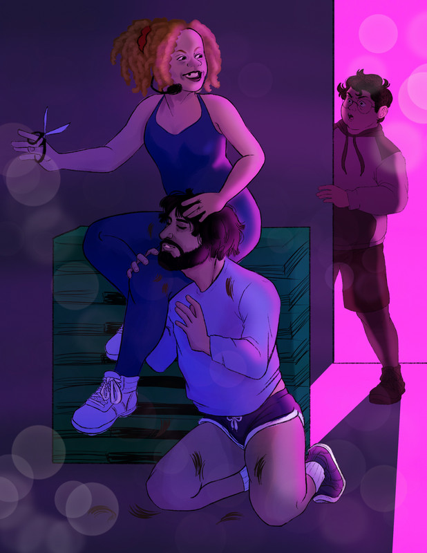 Jan smiles, showing off her missing teeth, a triumphant look on her face as she holds scissors aloft. Nandor's hair is in his short Wellness Center cut. He sits on the floor, his head in Jan's lap, a pleased look on his face, eyes closed. Little tufts of hair litter the two of them and the floor. Guillermo stands in the door a shocked look on his face, backlit in brilliant pink, looking shocked.