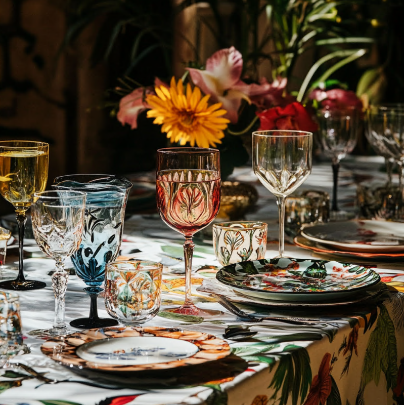 Vasos de agua modernos sobre mesa de comedor con luz cálida