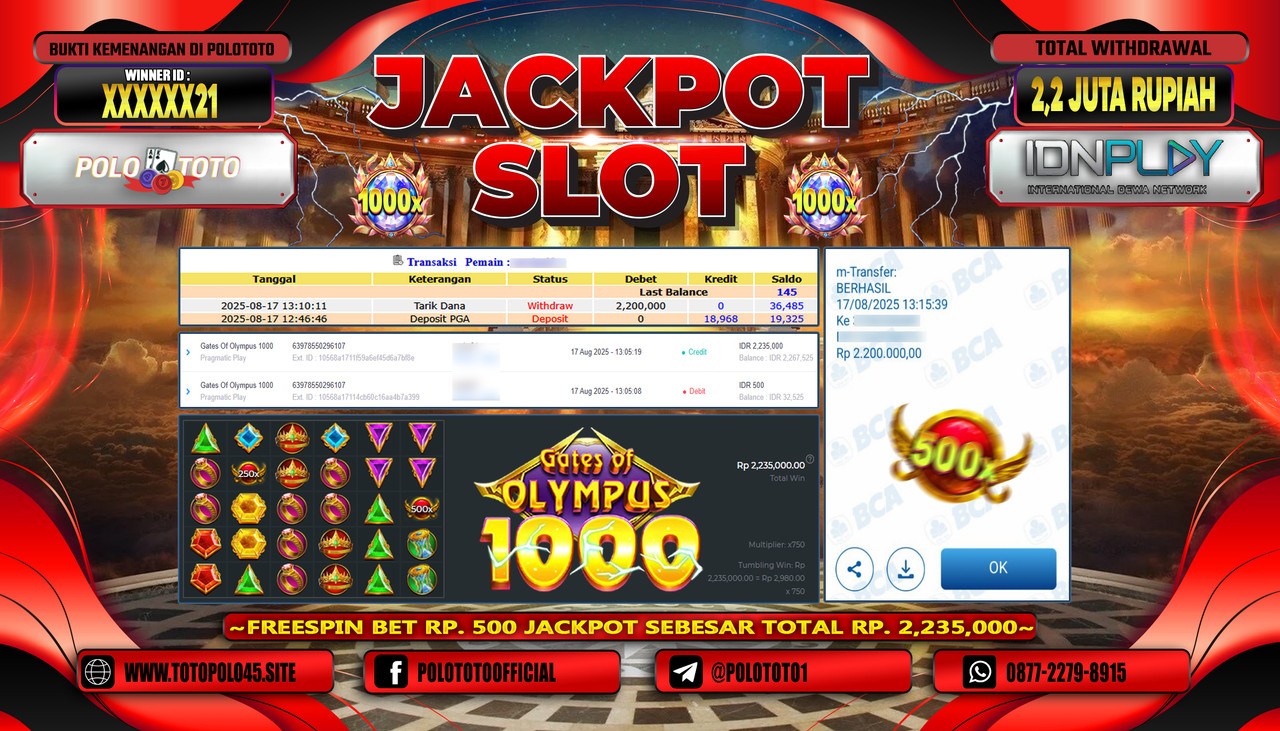 POLOTOTO JACKPOT SLOT GATES OF OLYMPUS 1000 Rp.2.200.000,- LUNAS