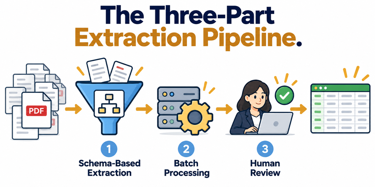 Three-part extraction pipeline from PDFs to verified structured data