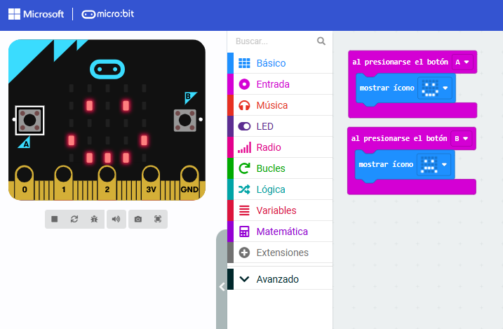 Bloques de MakeCode para programar botones A y B