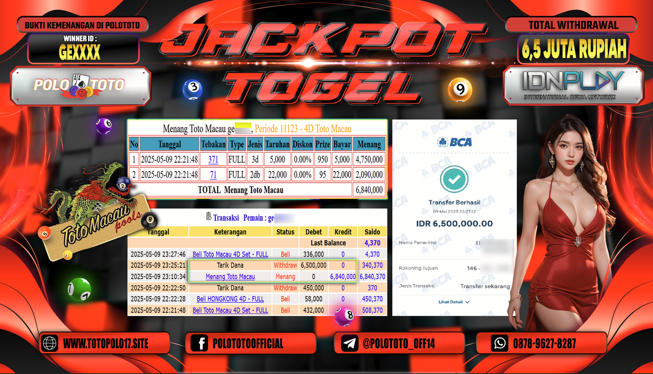 POLOTOTO JACKPOT TOGEL TOTO MACAU Rp.6.500.000,-