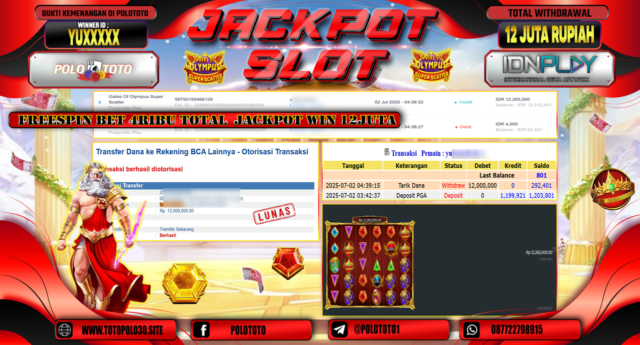 POLOTOTO JACKPOT SLOT GATES OF OLYMPUS SUPER SCATTER Rp.12.000.000,-