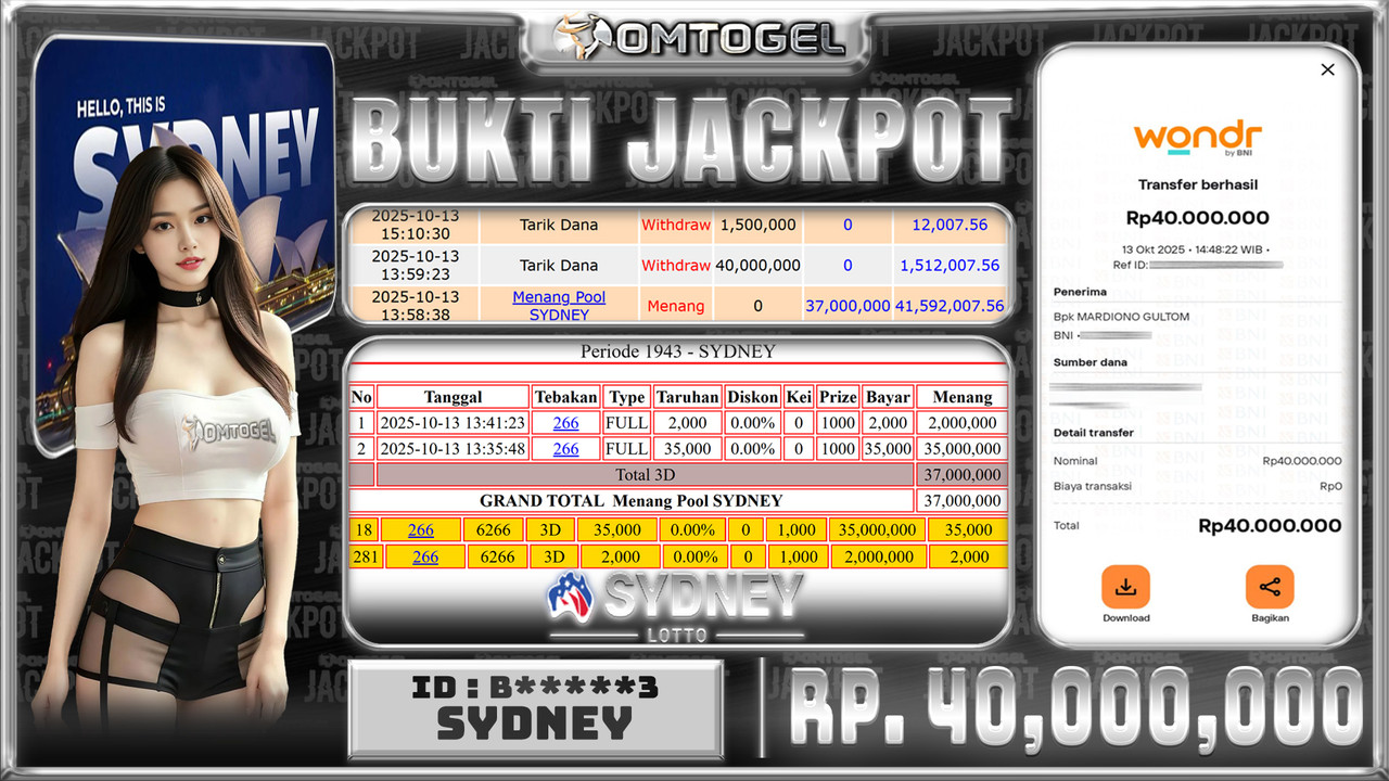 OMTOGEL JACKPOT SYDNEY 3D 40 JUTA DI BAYAR LUNAS ,-
