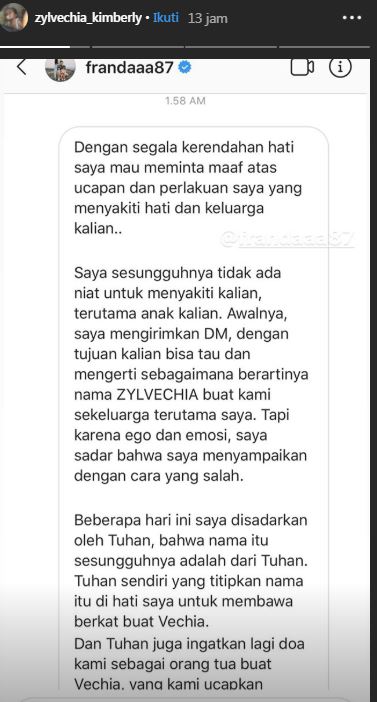Permintaan maaf Franda pada orangtua Zylvechia Kimberly