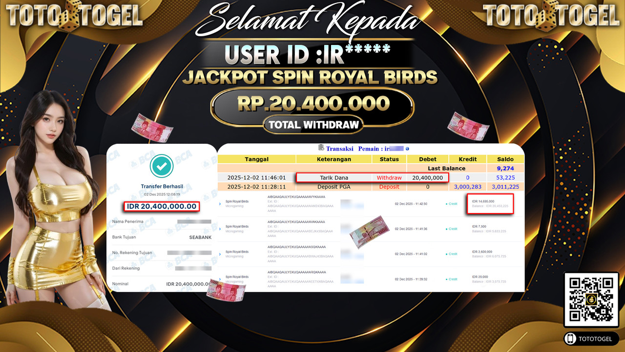 Bukti Pembayaran Jackpot Permainan Slot Spin Royal Birds ID:IR***** LUNAS