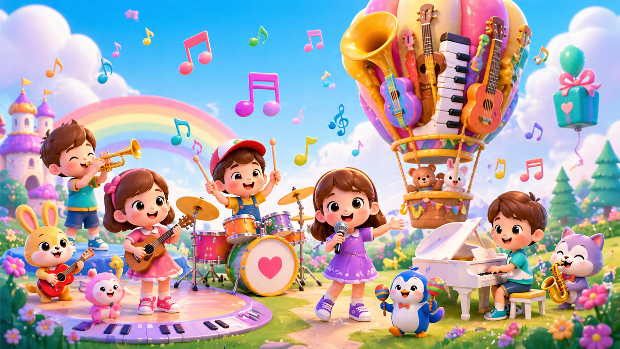 Cute Kids Music Illustration Prompt (Colorful Cartoon YouTube Thumbnail Style)