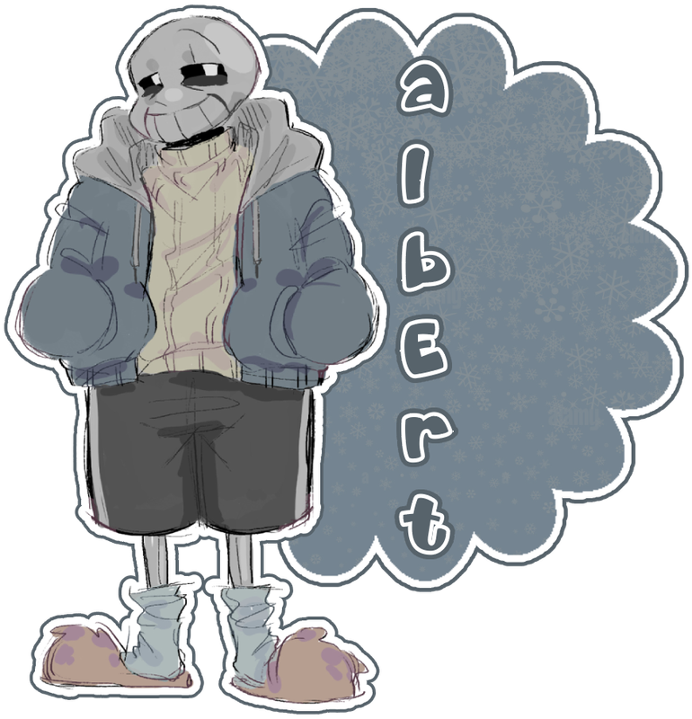 A picture of Sans the Skeleton standing beside a display of the name "Albert." The art of Sans is by @hheisa on Tumblr.