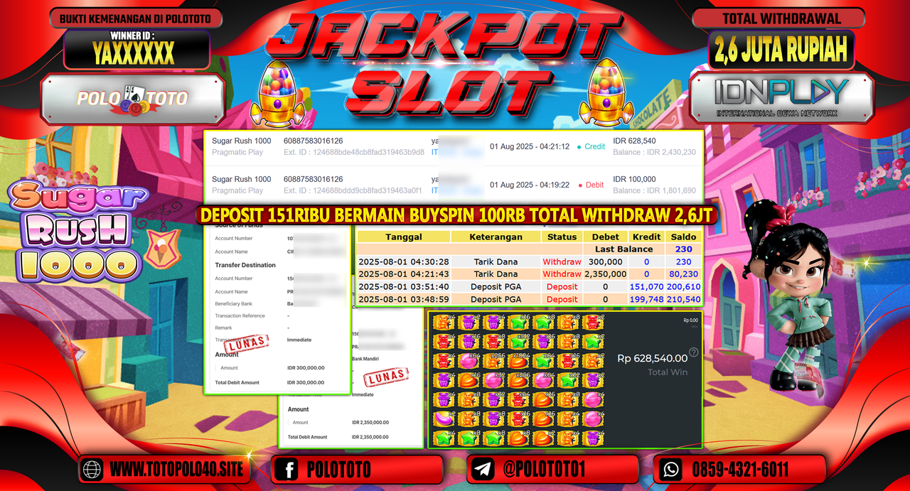 POLOTOTO JACKPOT SLOT SUGAR RUSH 1000 Rp.2.600.000,-LUNAS