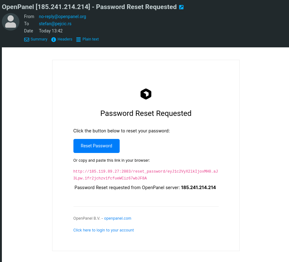 password reset email
