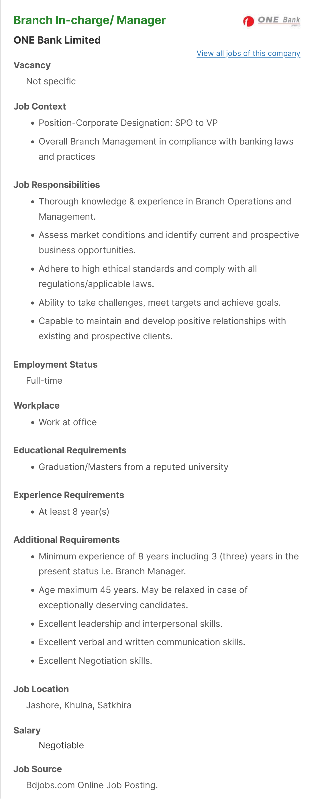 ONE Bank Limited Job Circular 2022