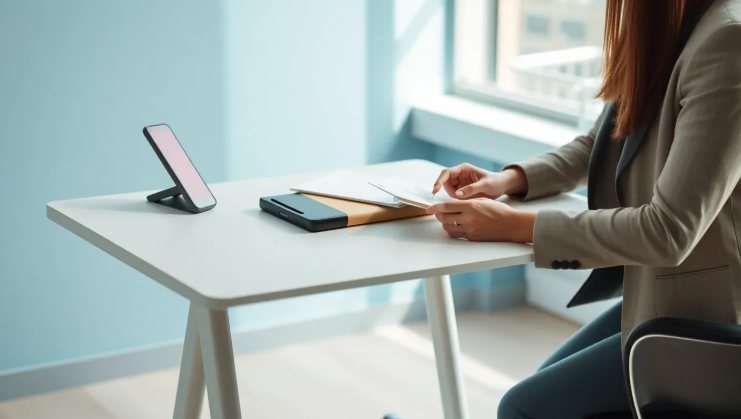 Espacio de trabajo moderno con herramientas para revisar una oportunidad laboral