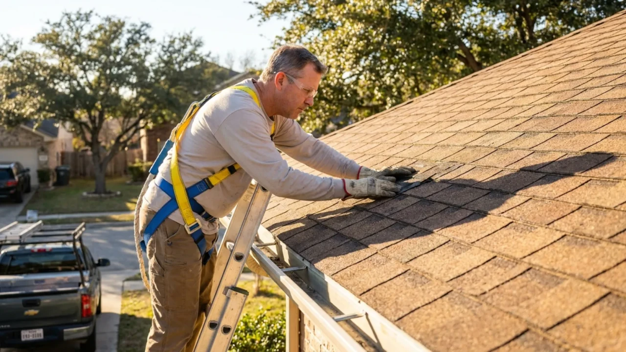 Homeowner inspecting roof shingles safely from ladder in San Antonio