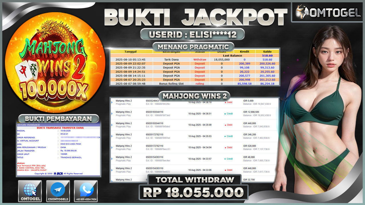 OMTOGEL JACKPOT PRAGMATIC PLAY MAHJONG WINS 2 18 JUTA DI BAYAR LUNAS ,-