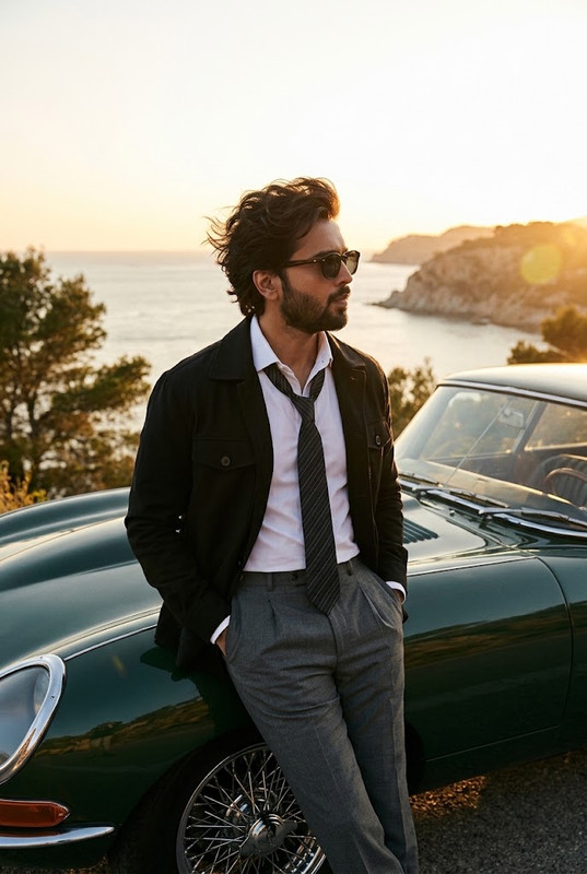 AI-generated example result for the creative-images prompt: Coastal Overlook Vintage Car Portrait by Prompt Craft