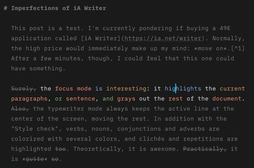 A screenshot of iA Writer with the first to paragraphs of this blog post.