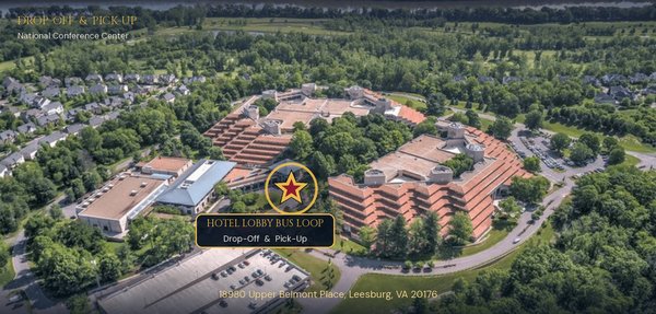 Aerial of the National Conference Center with the hotel lobby bus loop starred for drop-off and pick-up, 18980 Upper Belmont Place, Leesburg VA