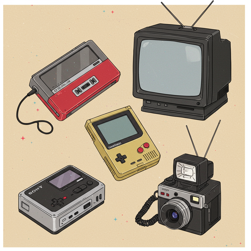Uma montagem com vários aparelhos eletrônicos antigos: walkman, game boy, monitor de tubo e telefone de disco.