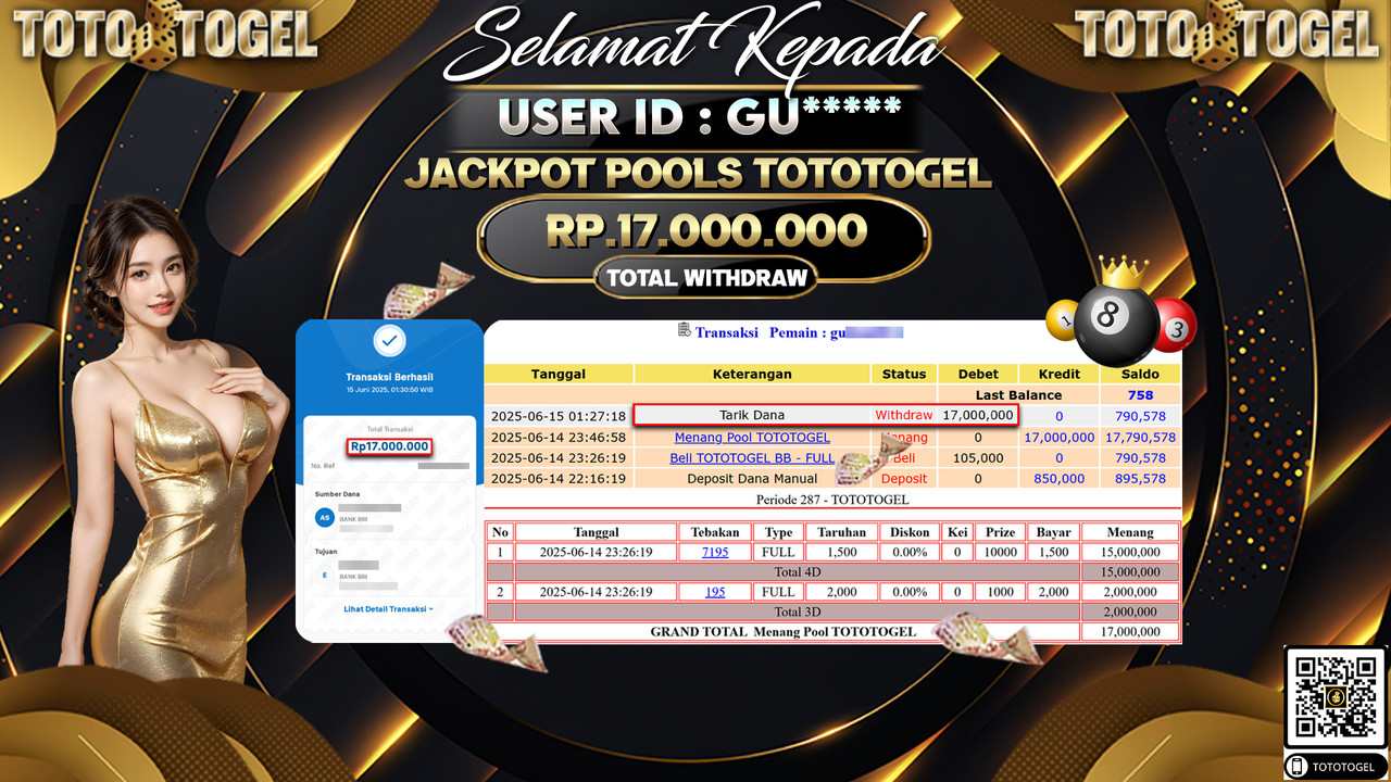Bukti Pembayaran Jackpot Permainan Togel Pools TotoTogel ID:GU***** LUNAS