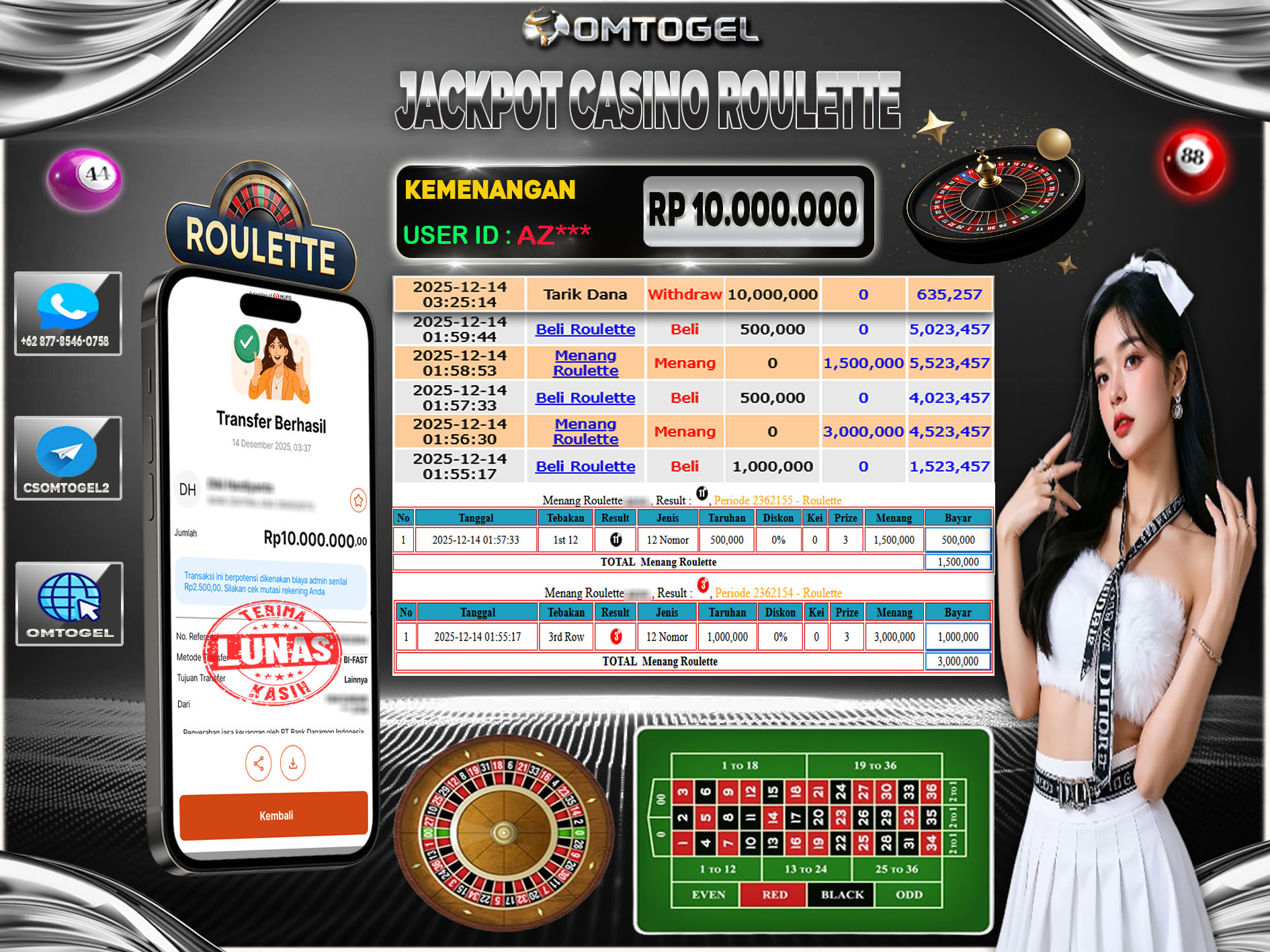 OMTOGEL JACKPOT LIVEGAMES CASINO ROULETTE ,10 JUTA DI BAYAR LUNAS ,-