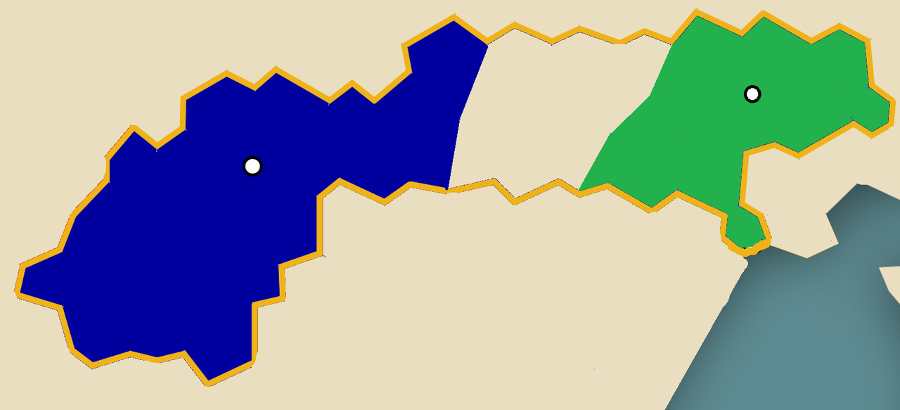 Carte du territoire du royaume d'Elsvenwald en bleu et celui du royaume de Velvetie en vert.