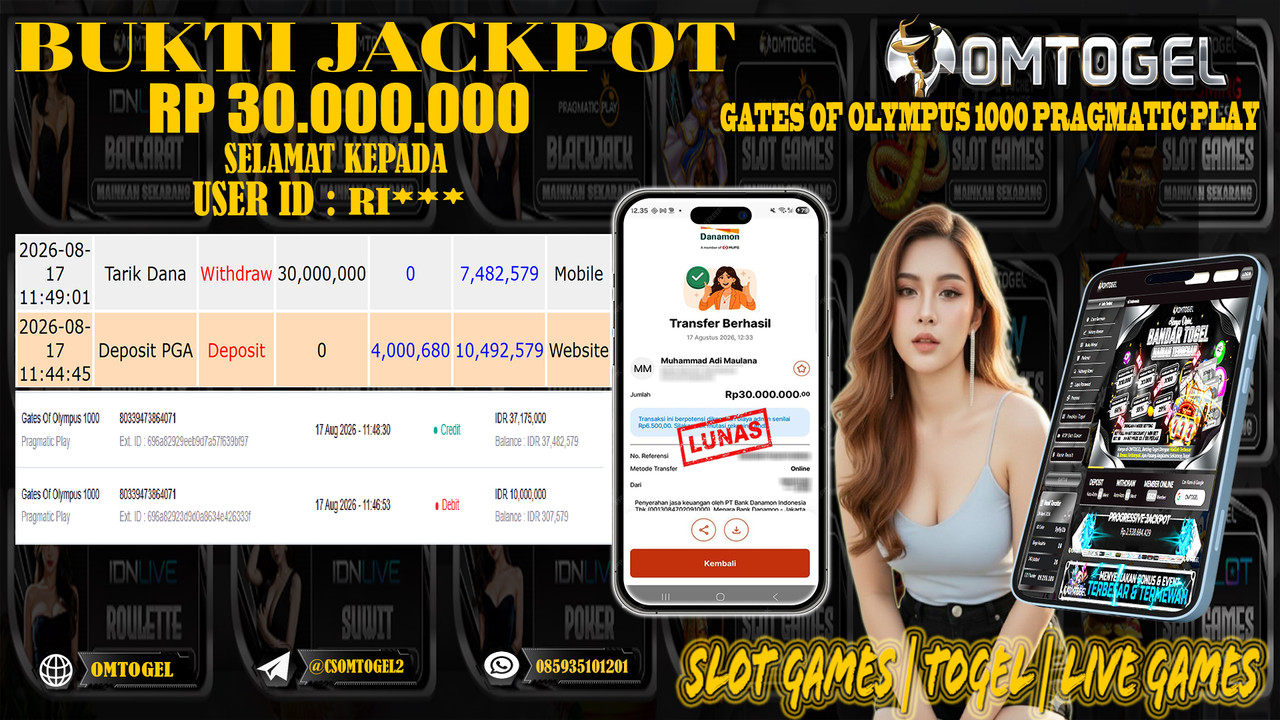 OMTOGEL JACKPOT PRAGMATIC PLAY GATES OF OLYMPUS 1000 Rp,30,000,000,- DIBAYAR LUNAS