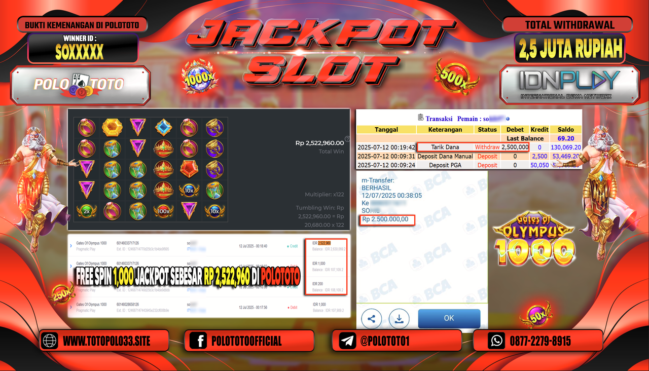 POLOTOTO JACKPOT SLOT GATES OF OLYMPUS 1000 Rp.2.500.000,-