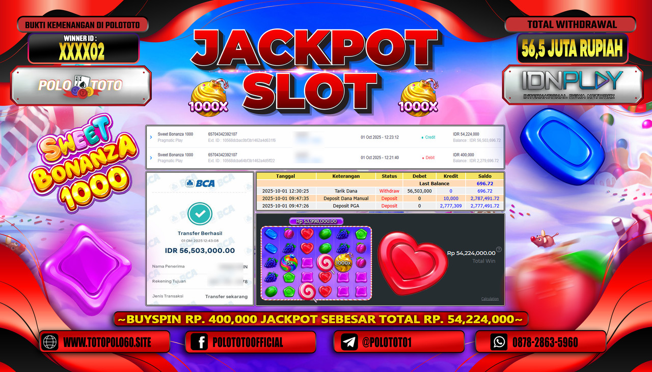 POLOTOTO JACKPOT SLOT SWEET BONANZA 1000 Rp.56.500.000,- LUNAS