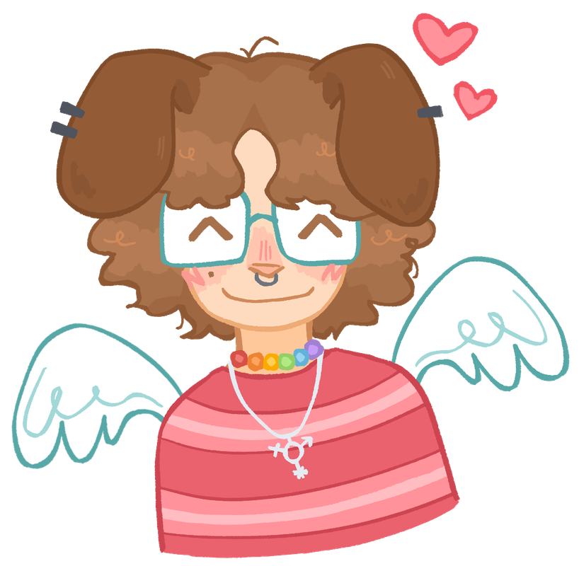 drawing from chest up of a white person with wavy brown hair, glasses, dog ears, and wings. they are wearing a pink striped sweater, rainbow beaded necklace, and gender nonconforming symbol necklace. they are smiling