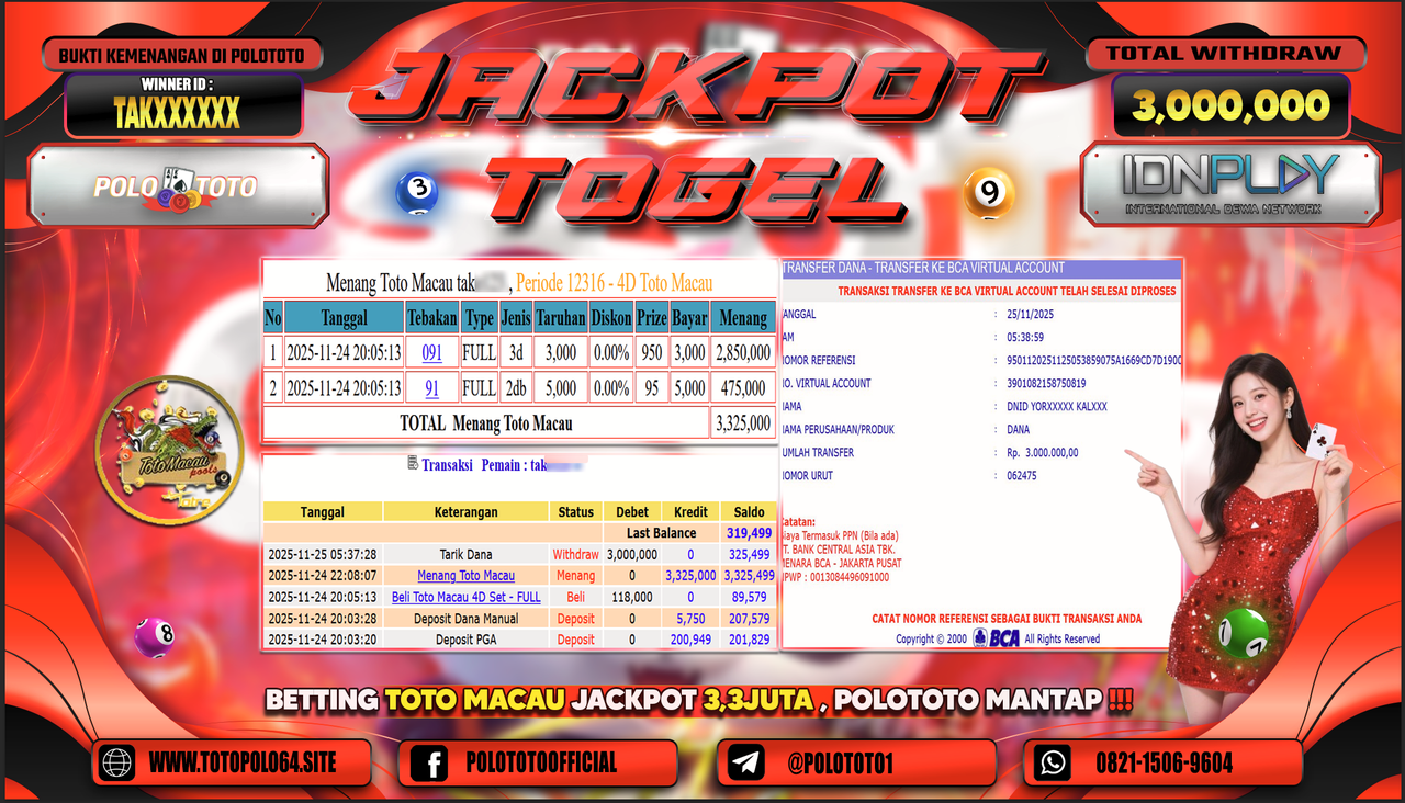 POLOTOTO JACKPOT TOGEL MENANG TOTO MACAU Rp.3.000.000,- LUNAS