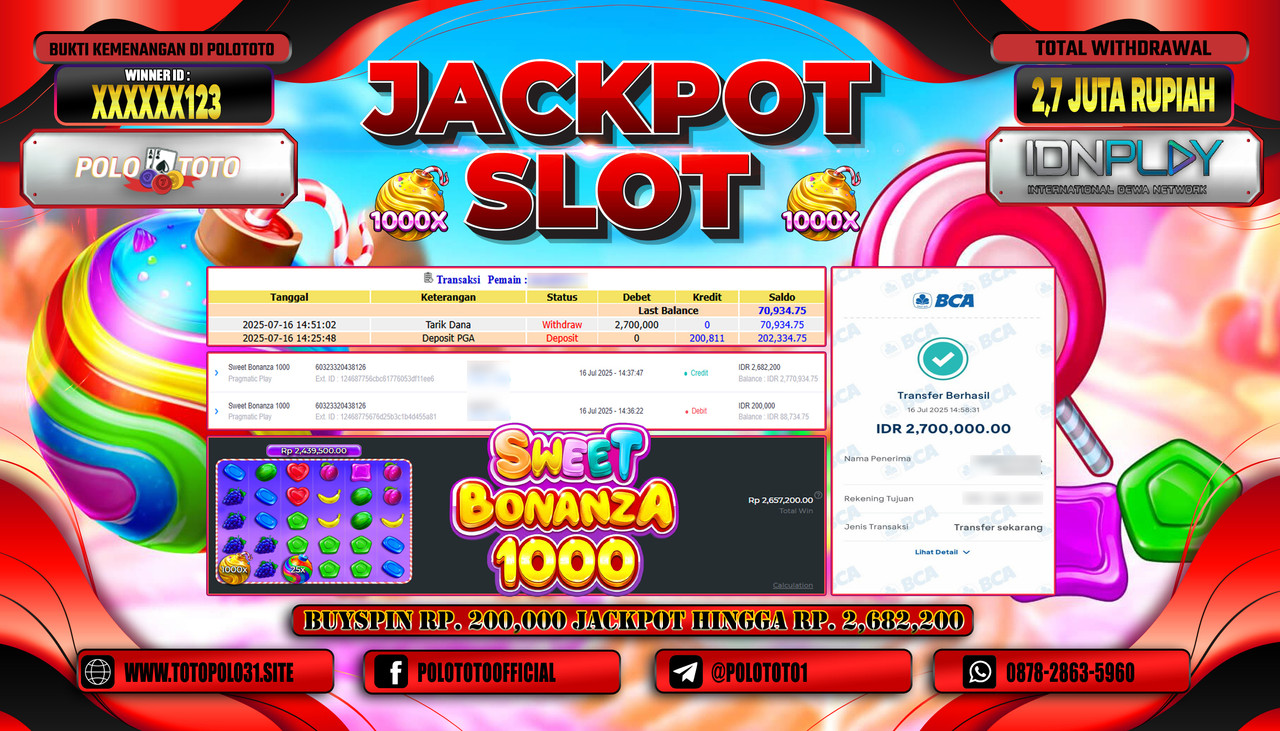 POLOTOTO JACKPOT SLOT SWEET BONANZA 1000 Rp.2.700.000,- LUNAS