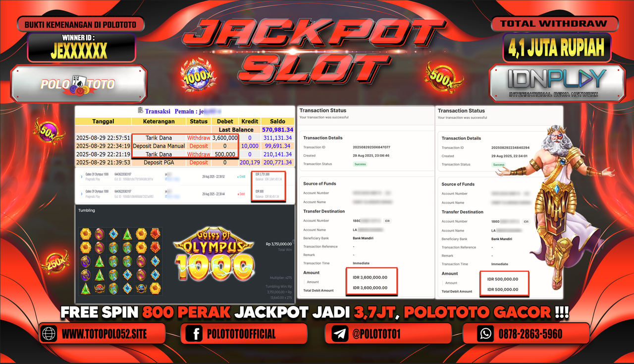 POLOTOTO JACKPOT SLOT GATES OF OLYMPUS 1000 Rp.4.100.000,-