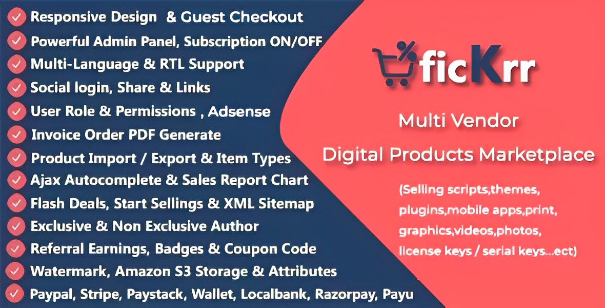 ficKrr – Multi Vendor Digital Products Marketplaces with Subscription ON / OFF PHP Script