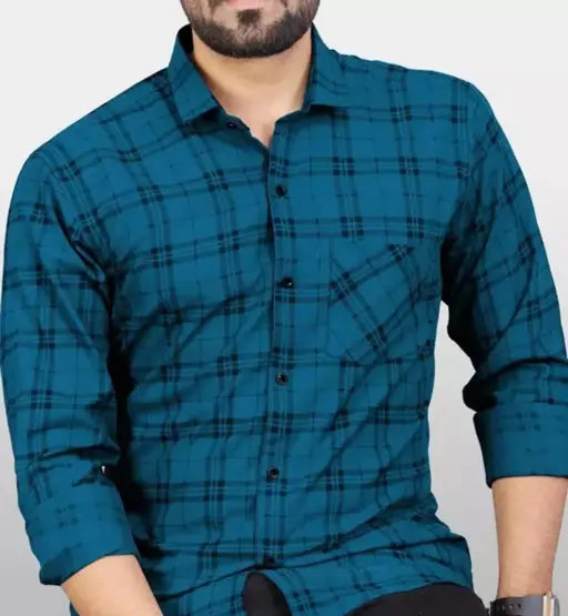 Fatty Mouse Men's Checked Spread Collar Blue Shirts
(R305)