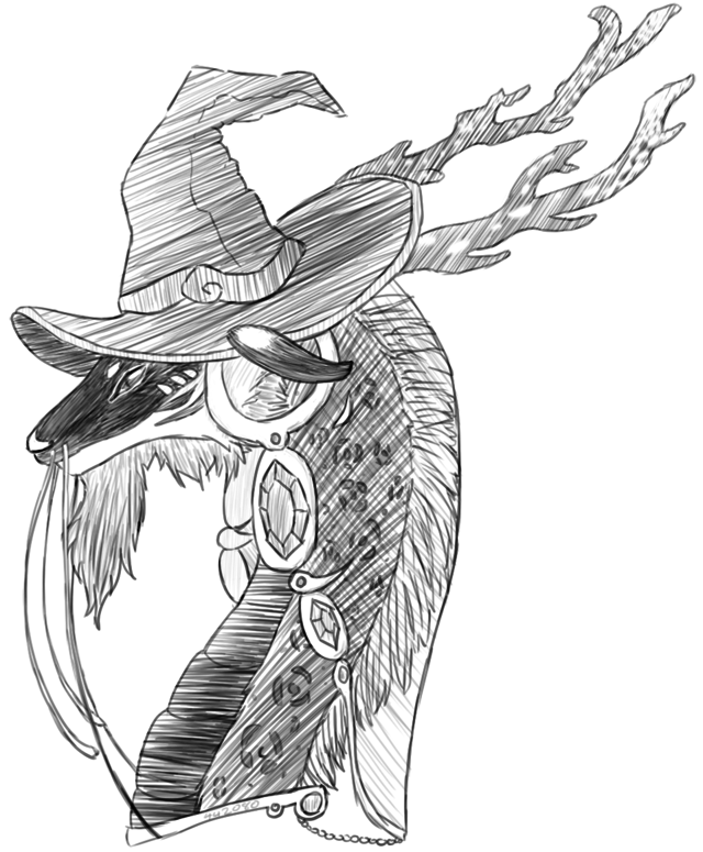 black and white lineart with hatching shading of an imperial wearing a mage hat and bloodstone cascades apparel. the face is foxlike, the art is of the head and neck.