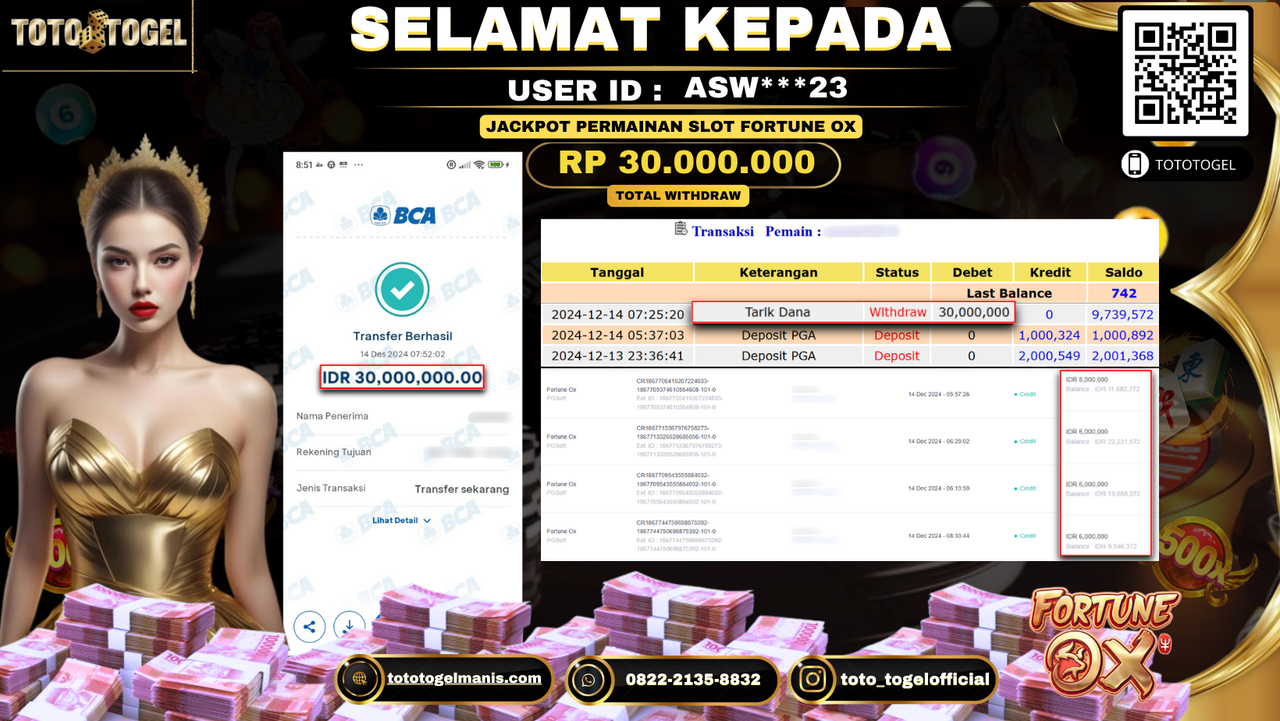 Bukti Pembayaran Jackpot Permainan Slot Fortune Ox ID: ASW***23 LUNAS