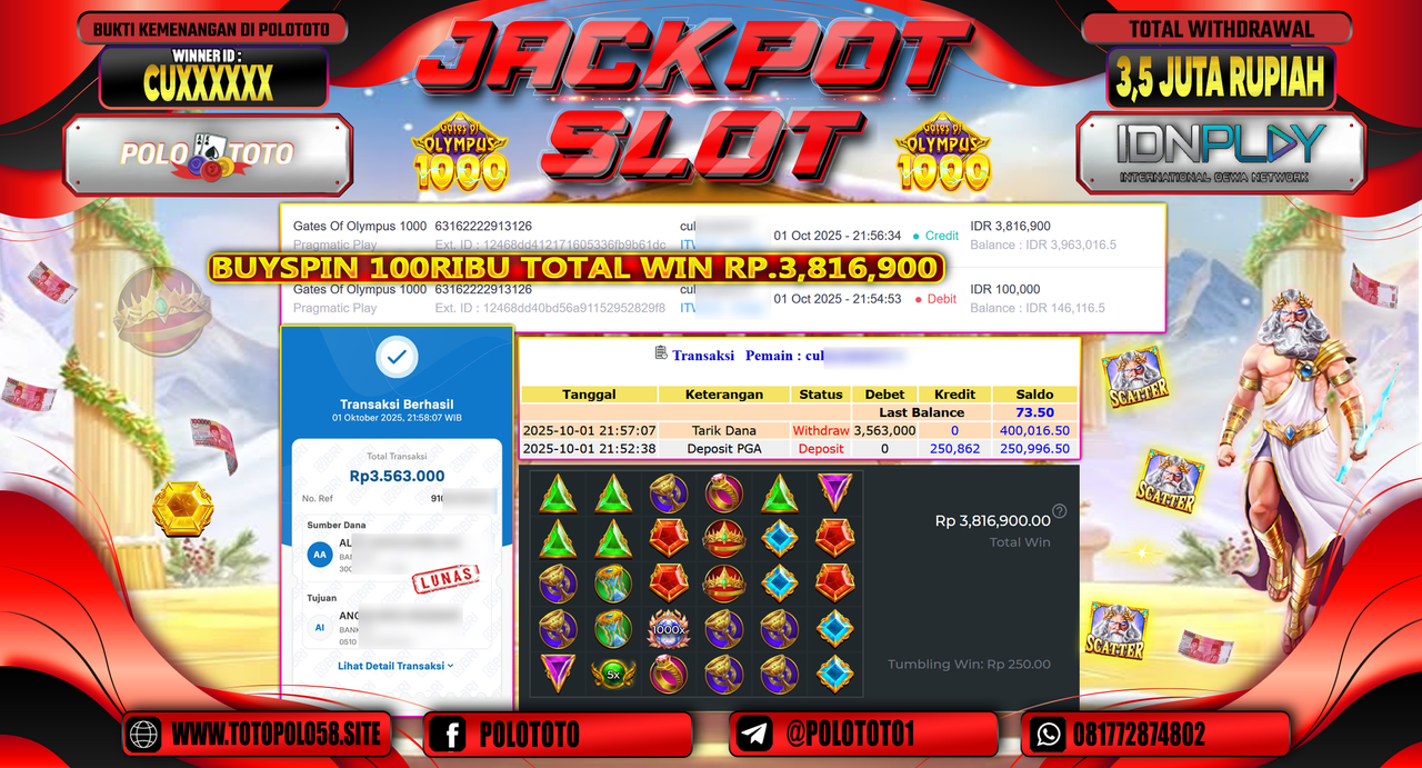 POLOTOTO JACKPOT SLOT GATES OF OLYMPUS 1000 Rp.3.500.000,- LUNAS