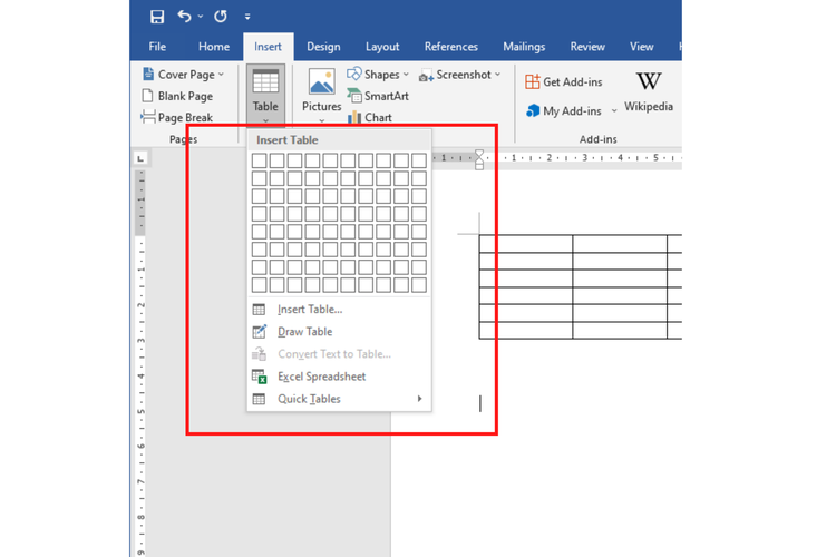 Cara membuat tabel di Microsoft Word.