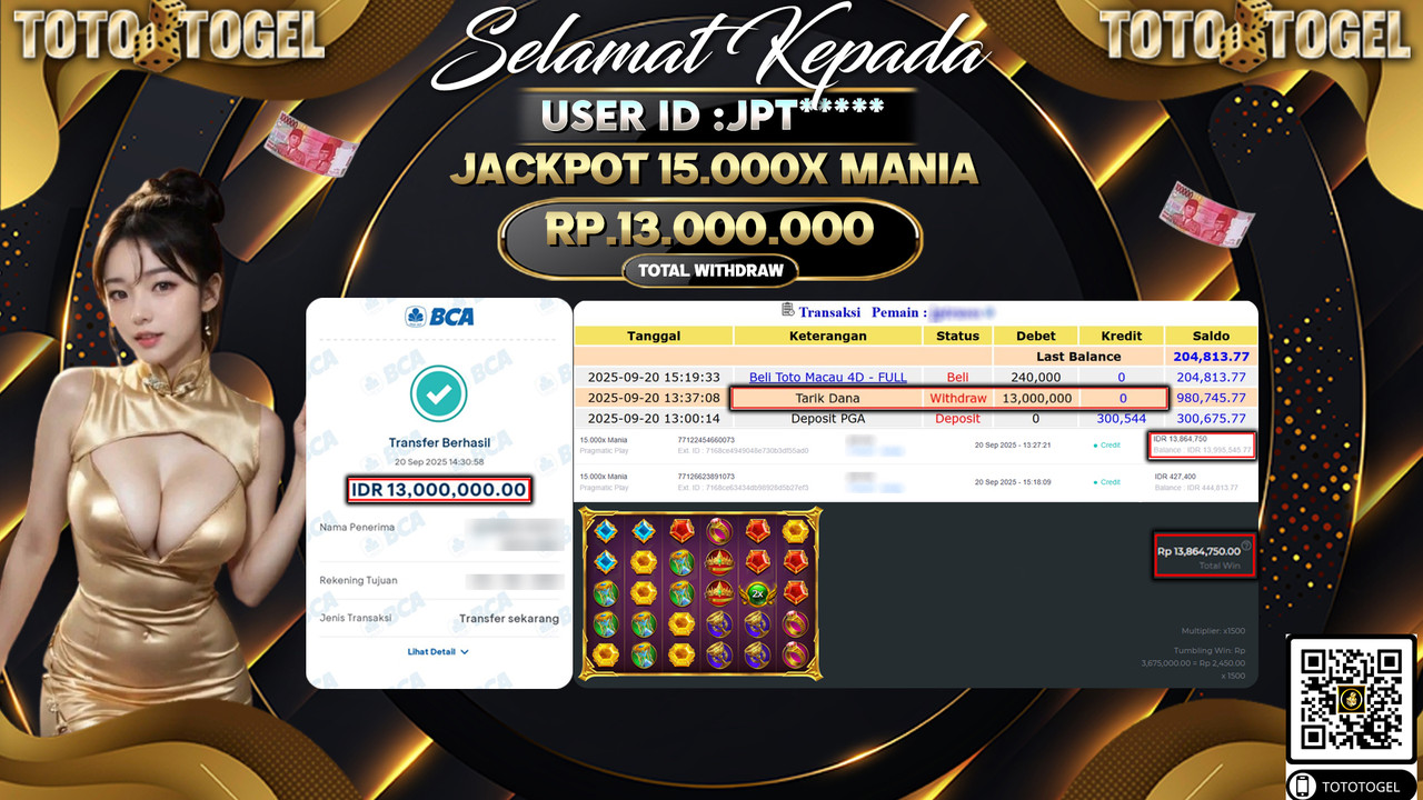 Bukti Pembayaran Jackpot Permainan Slot 15.000X Mania  ID:JPT*** LUNAS