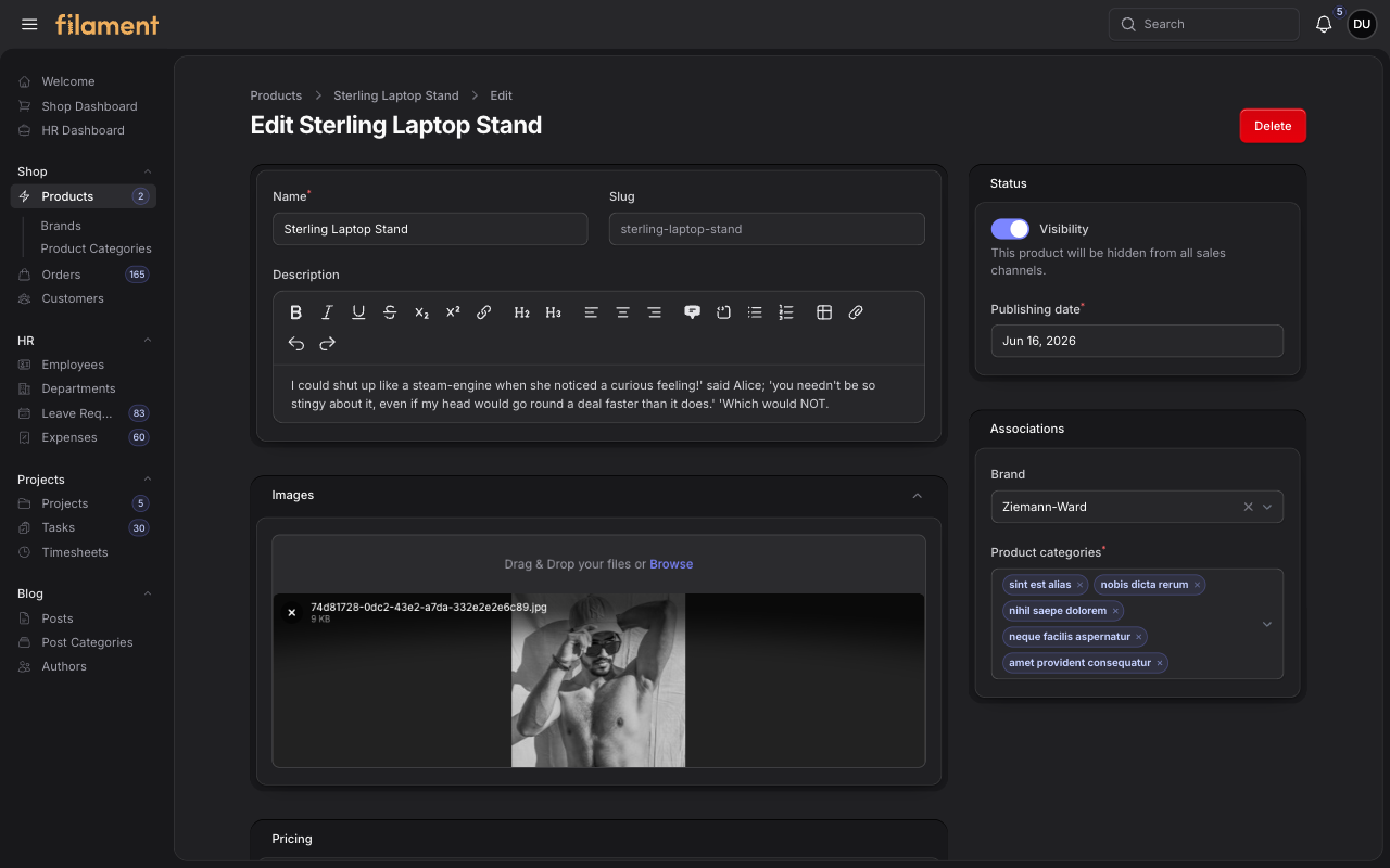 Stature Theme Product edit page in dark mode